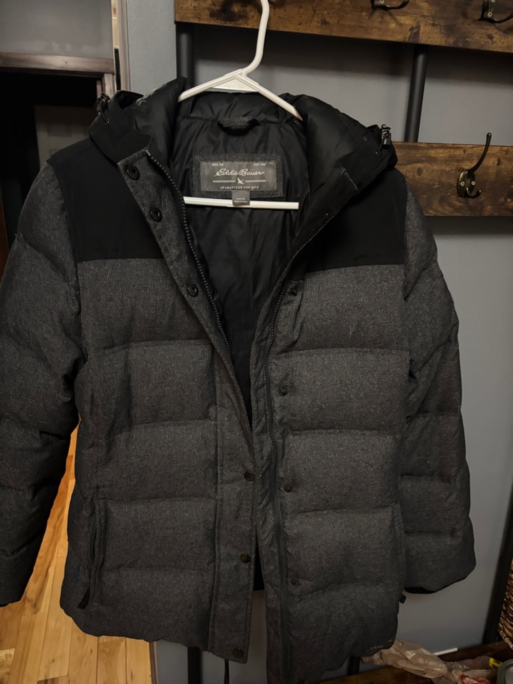 Eddie Bauer Charcoal Quilted Puffer Jacket with Black Yoke
